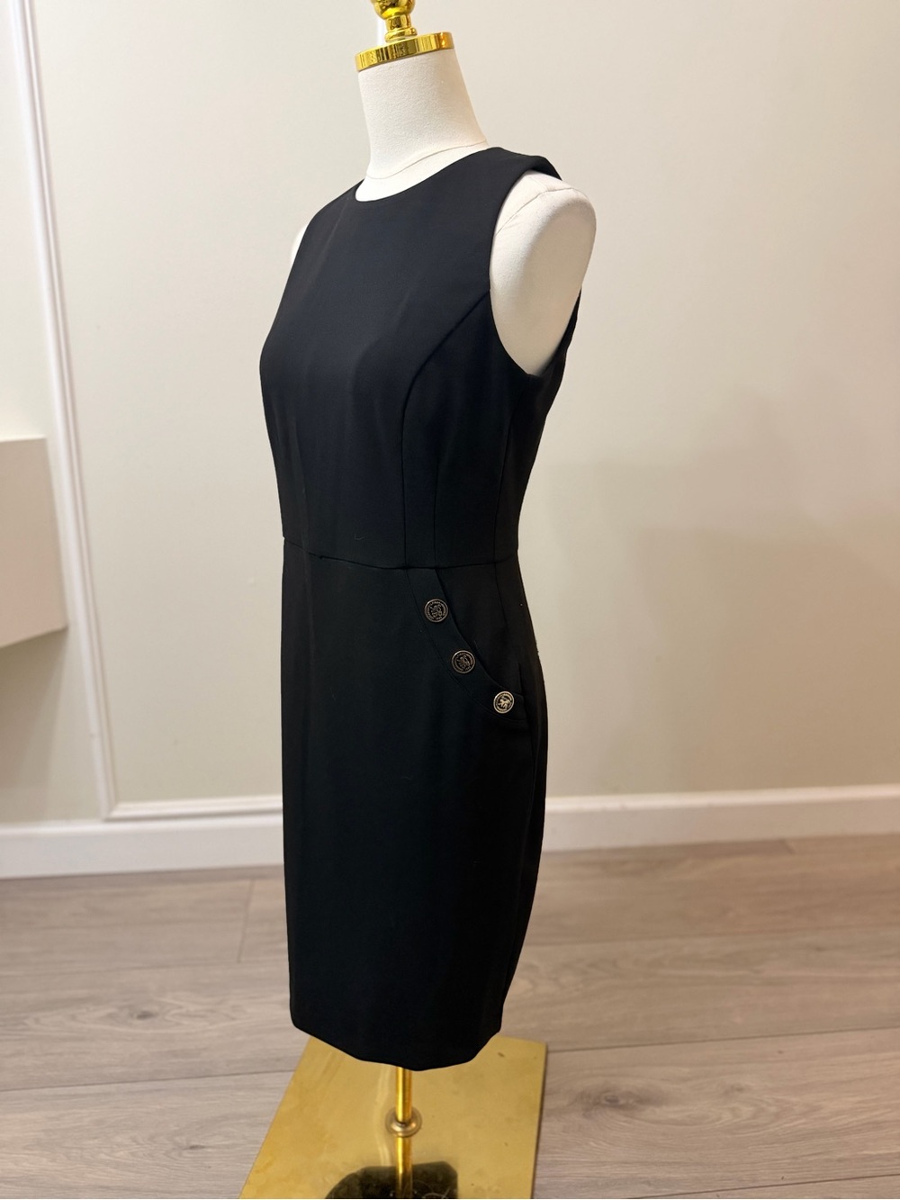 Tommy Hilfiger Black Sheath Dress Gold Button Detail Size 8P Petite - Picture 4 of 8